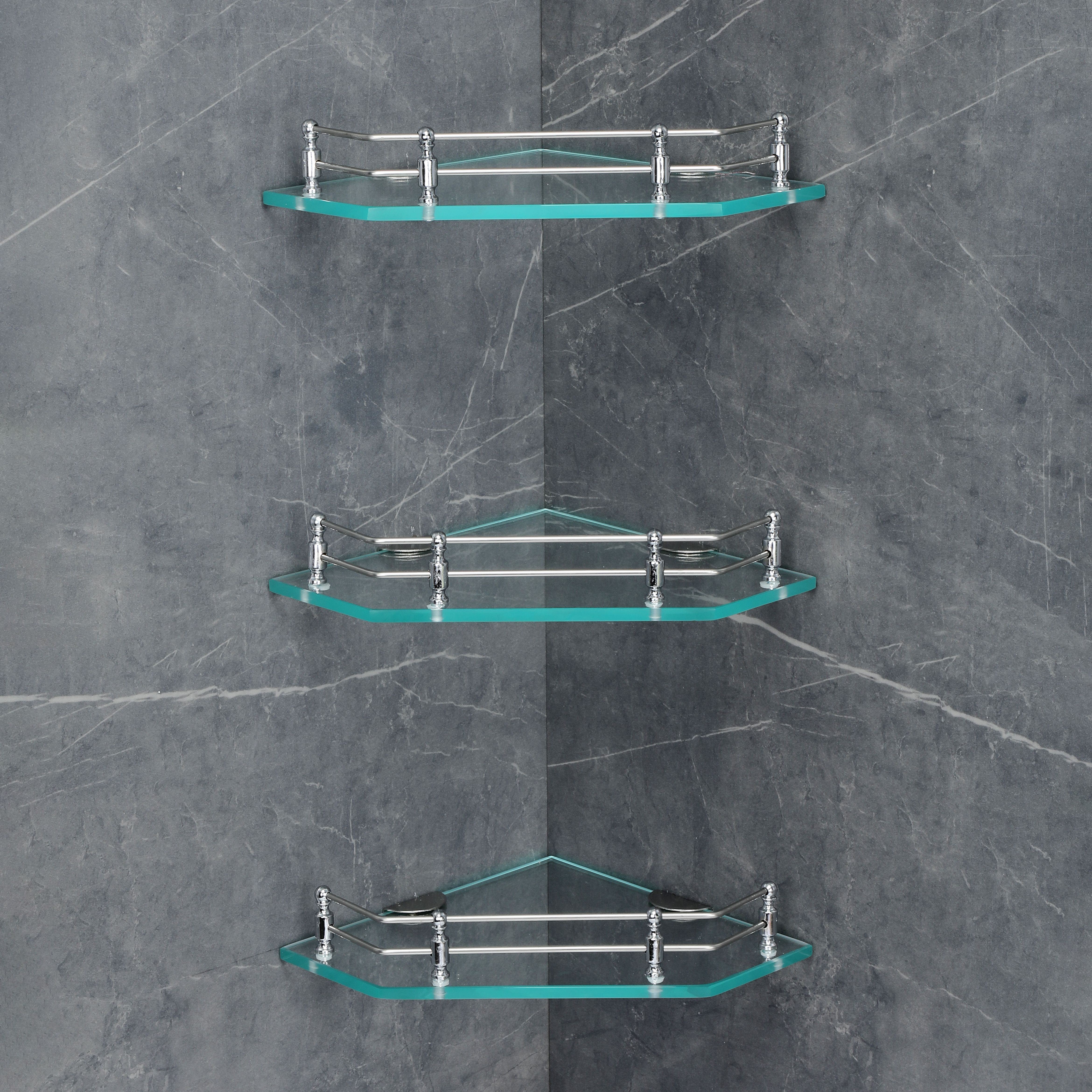 Diamond Shape Transparent Glass Storage Corner Shelf (9 X 9 Inch) (Pack of 3) Glass, Stainless Steel Wall Shelf-image-24
