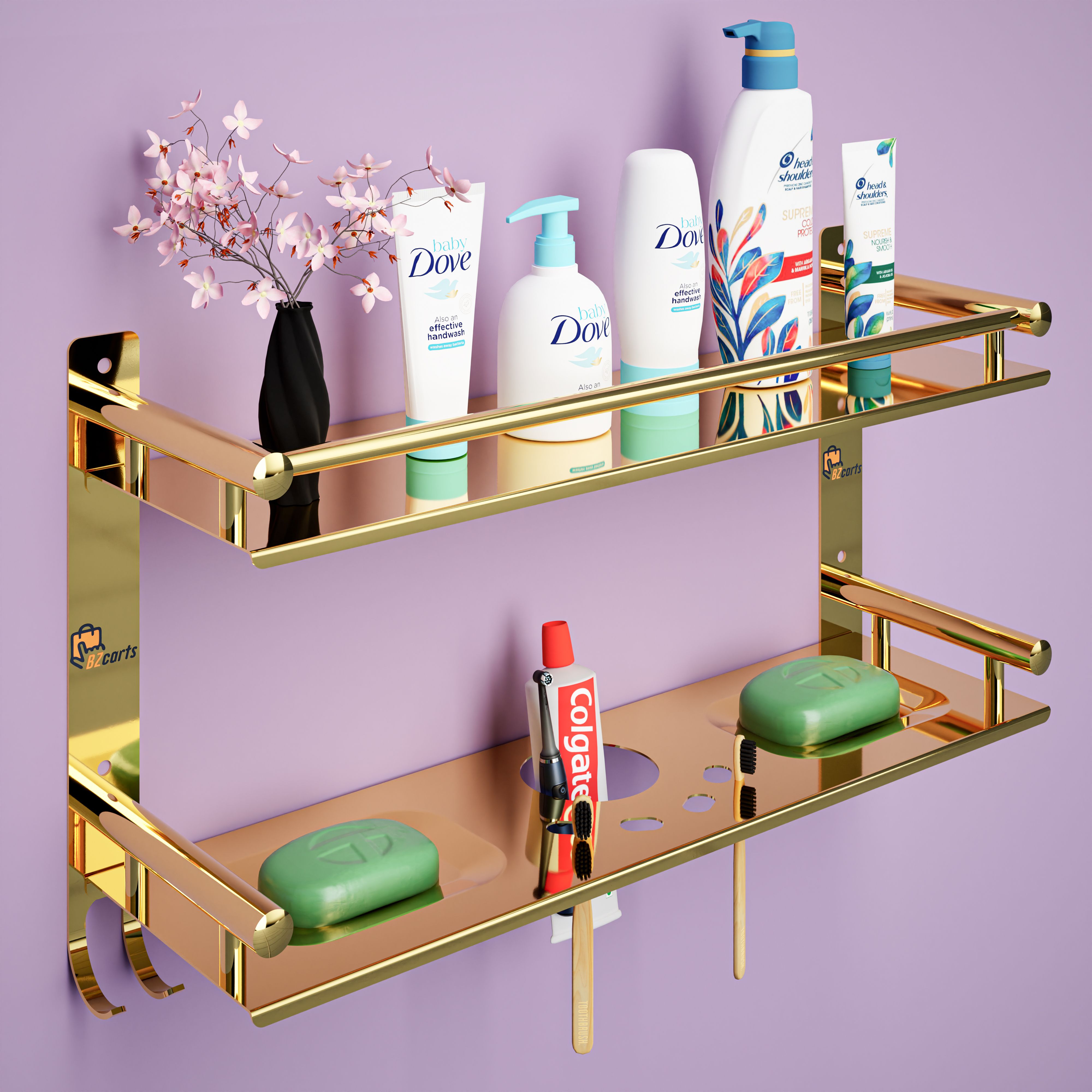 bzcarts Gold S S Bathroom Rack Shelf Organizer Wall Mounted Accessories Holder Stainless Steel Wall Shelf-picture-21