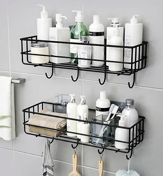 Multipurpose Wall Mounted Rack with Hooks for Bathroom Storage Iron Wall Shelf-image-20