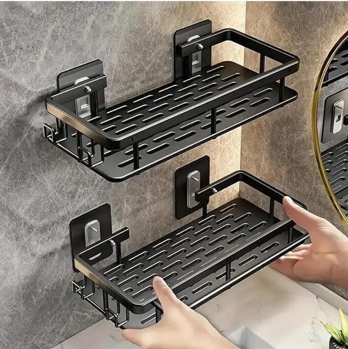 powerfos Bathroom Wall Shelf Organizer 30cm Black Adhesive Storage Rack with Kit (2 Pc) Plastic Wall Shelf-picture-15
