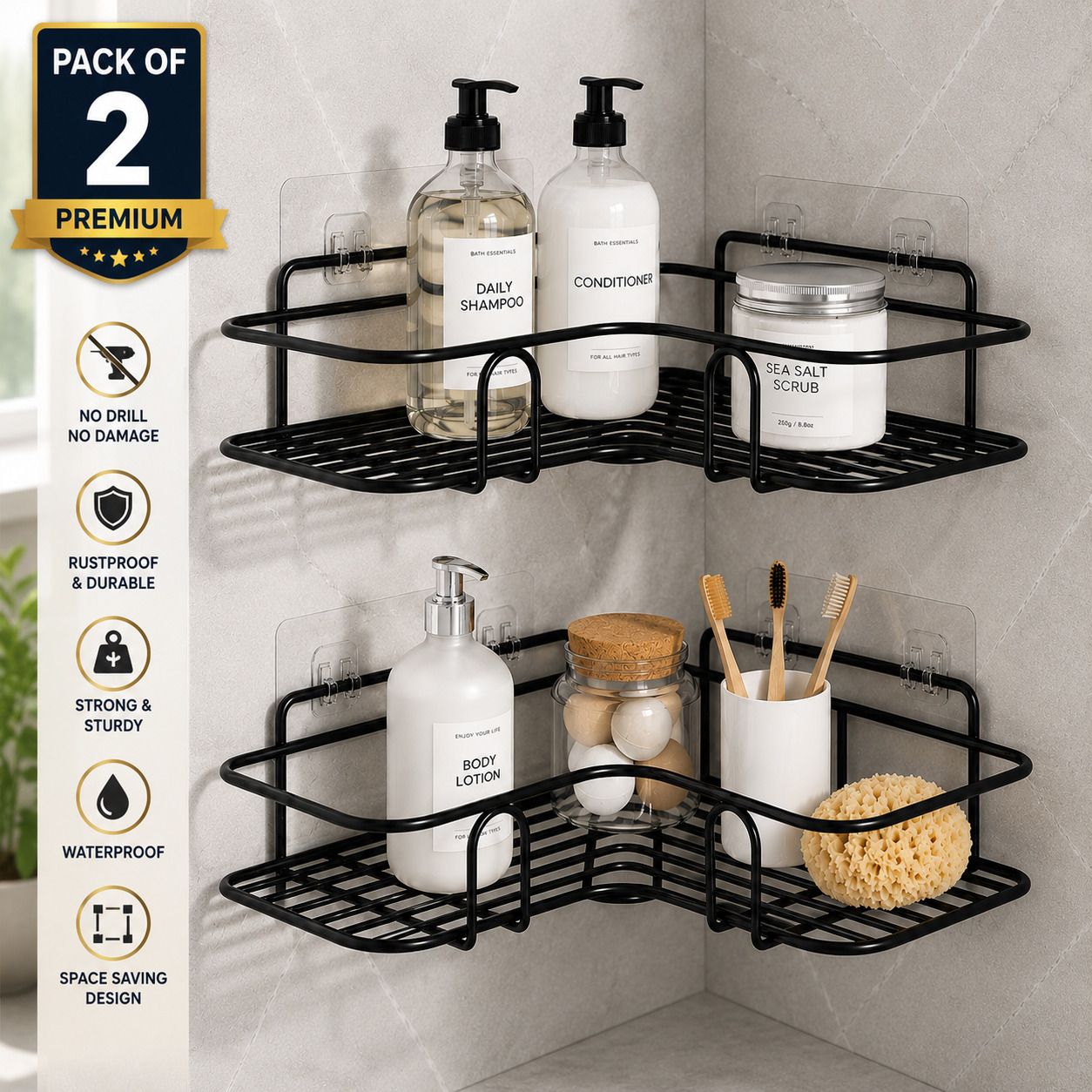 futurecom Futurecom,Premium Mounted 2-Tier Iron Bathroom Corner Shelf Rack Organizer Iron Wall Shelf-picture-41