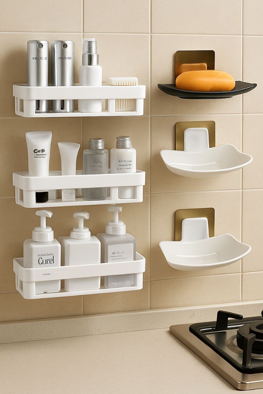 hatmeet 6PC Rack Wall Shelf Shelves 3 Bathroom Shelves + 3 Soap Dish Holder Hanger Plastic Wall Shelf-picture-41