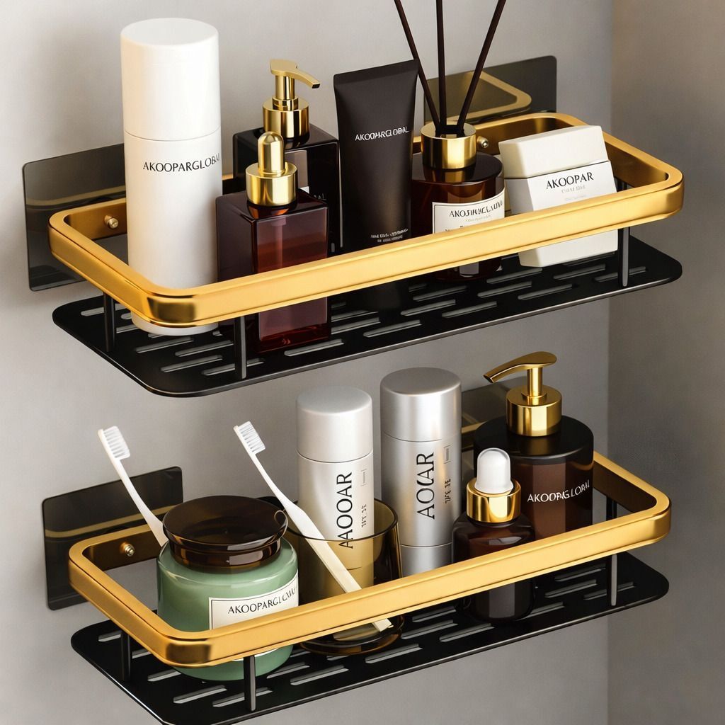 akoopar global Bathroom Wall Shelf Organizer 30cm Gold Adhesive Storage Rack with Kit (2 Pc) Aluminium Wall Shelf-picture-25