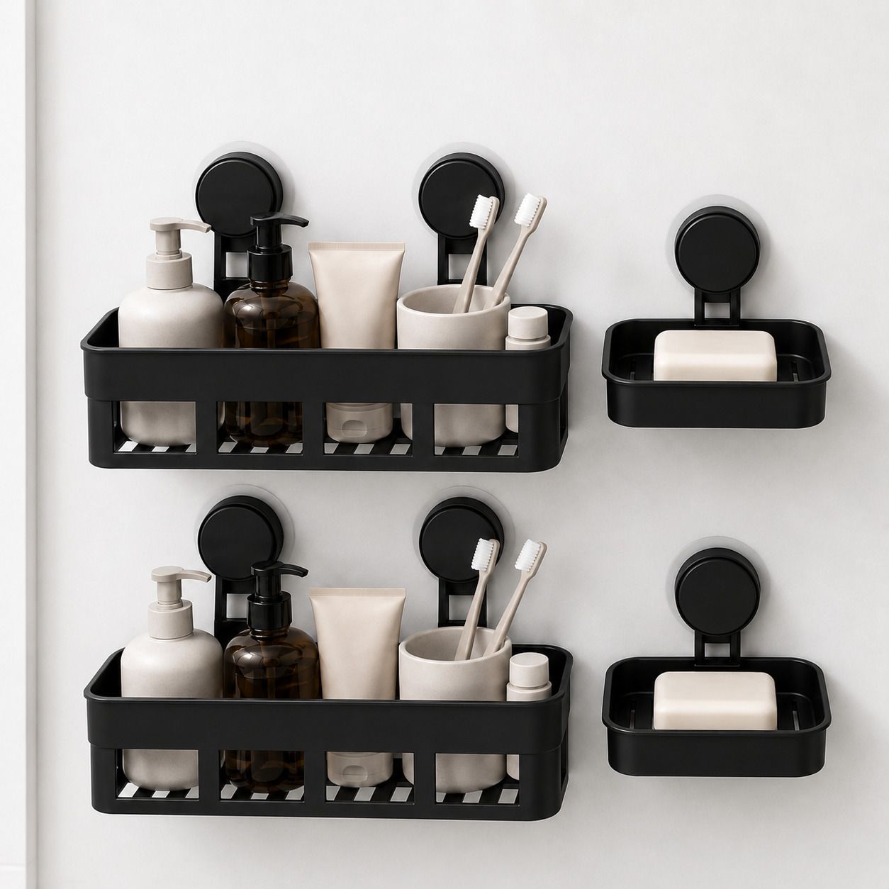 Suction Cup Bathroom Organizer & Soap Dish Combo Black Plastic Wall Shelf-image-45