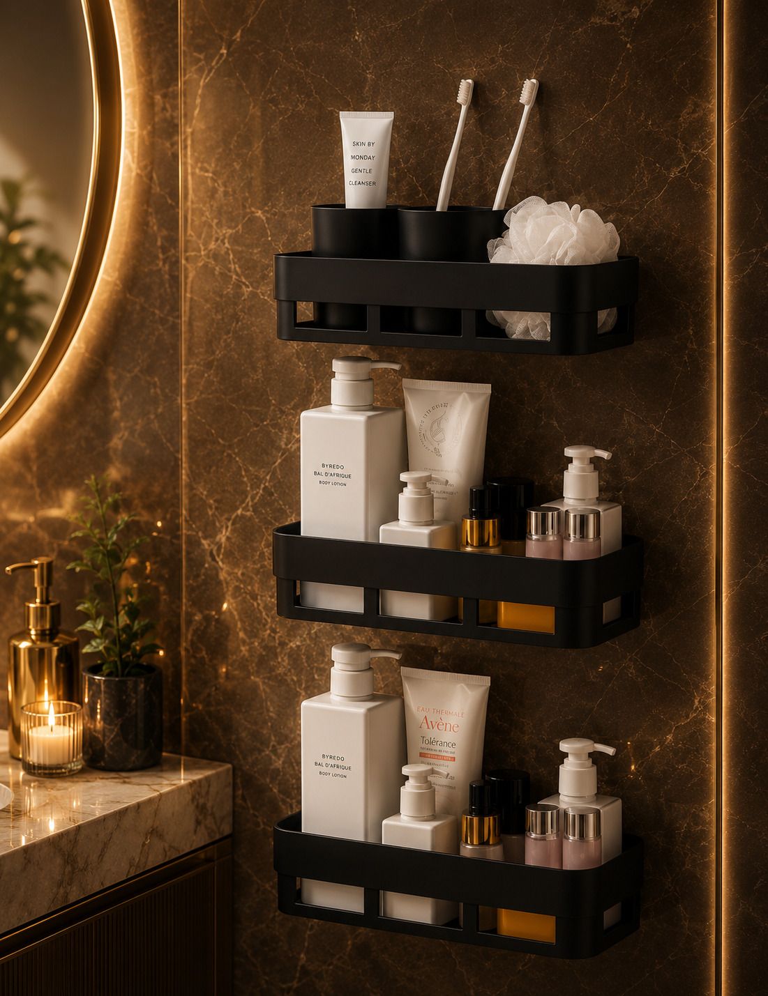 Plastic Interdesign Shower Corner Caddy Basket Shelf Rack with Wall Mounted 3pcs Plastic Wall Shelf-image-32