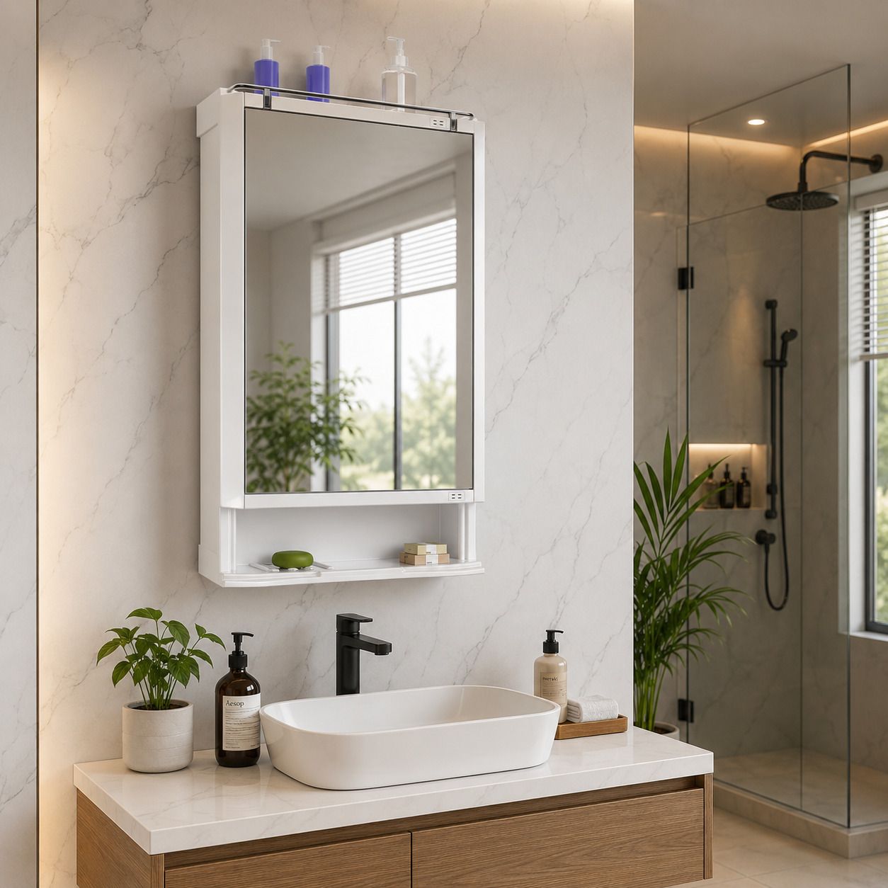elyvora Rich Look Bathroom Mirror Cabinet | 5 Shelves Washroom Mirrors Plastic Wall Shelf-picture-46