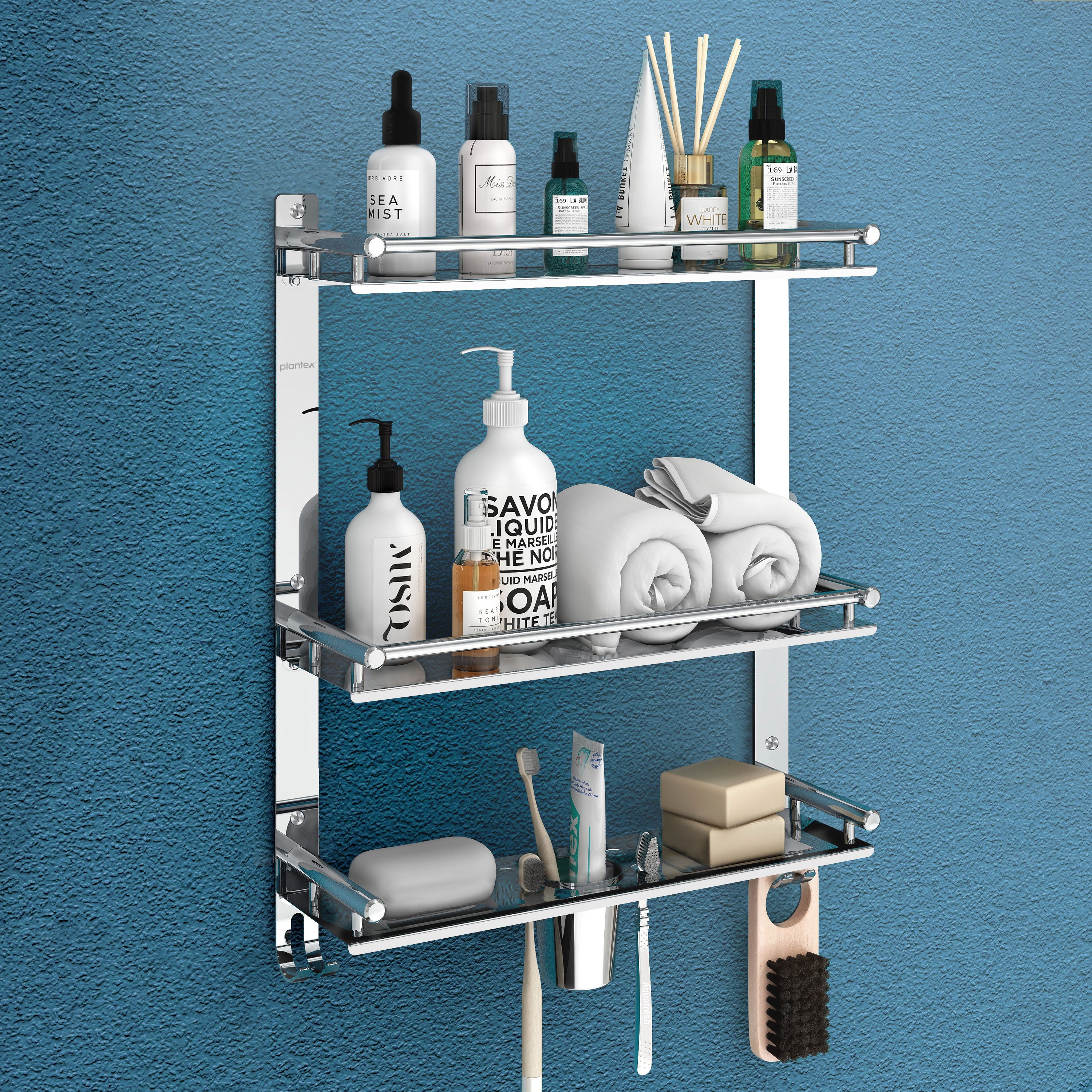 Multipurpose 3 Tier Bathroom Shelf with Hook/Double Soap Dish/Bathroom Organizer Stainless Steel Wall Shelf-image-49