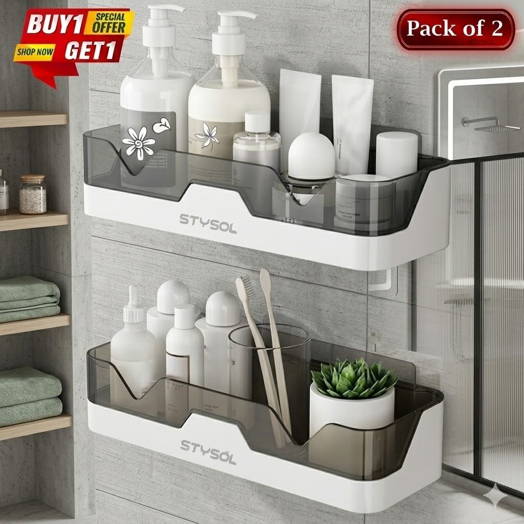 stysol Drill-Free Shower Caddy | Self-Adhesive Plastic Shelf | Bathroom Organizer Plastic Wall Shelf-picture-2