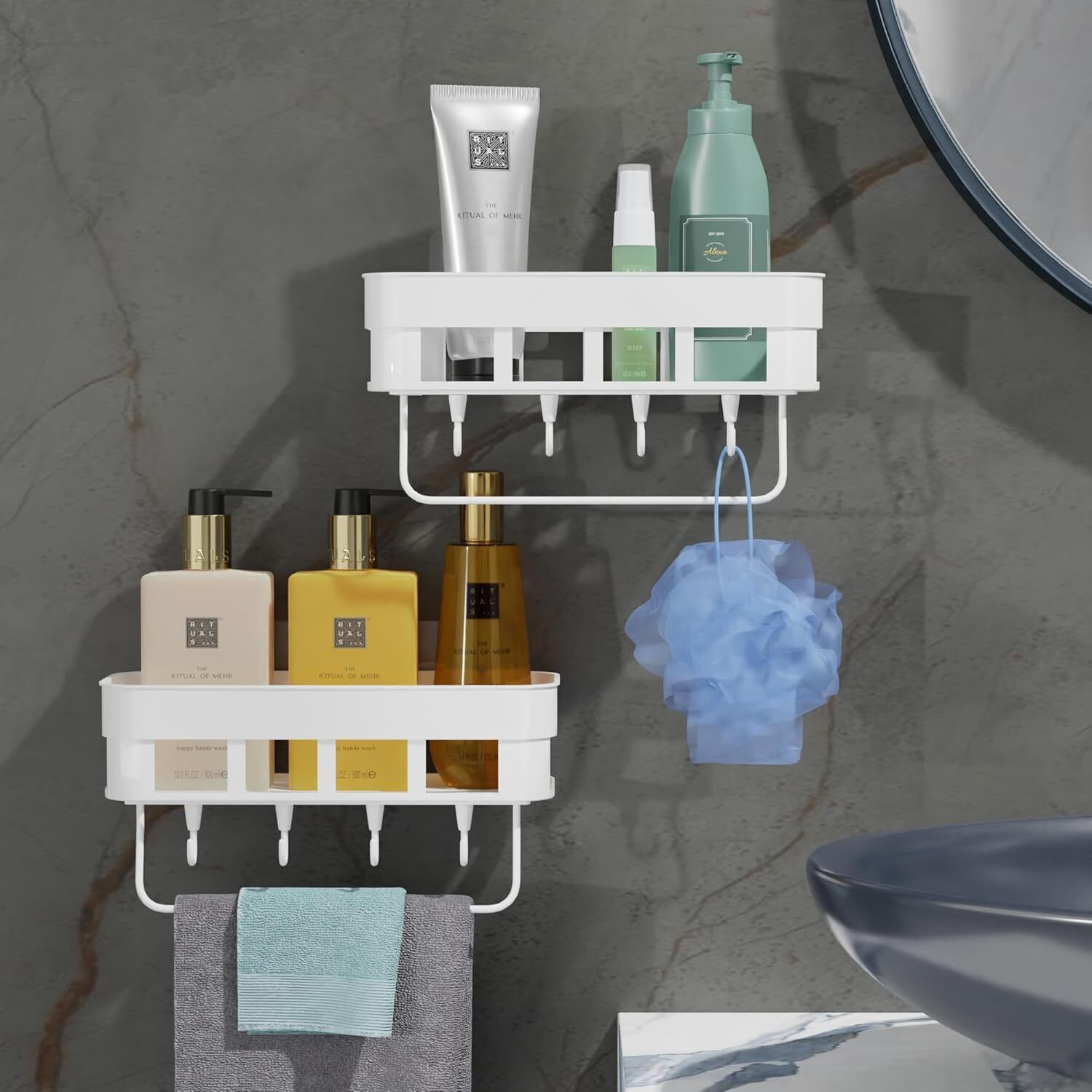hvk Multipurpose Wall Mounted Bathroom Shelf with Towel Bar Hooks Plastic Stand Plastic Wall Shelf-picture-30