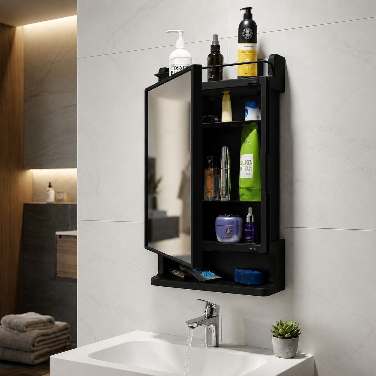 flipkart smartbuy Rich Look Bathroom Mirror Cabinet | Storage Organiser | Wall Mounted | Polypropylene, Glass Wall Shelf-picture-48