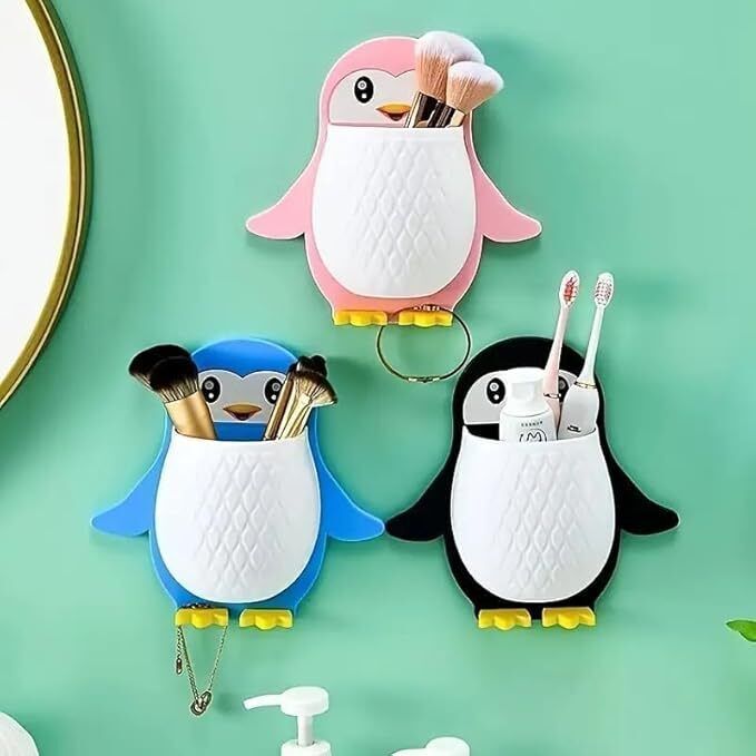 cute penguin shape toothbrush holder | wall-mounted silicone brush stand Plastic Wall Shelf-image-3
