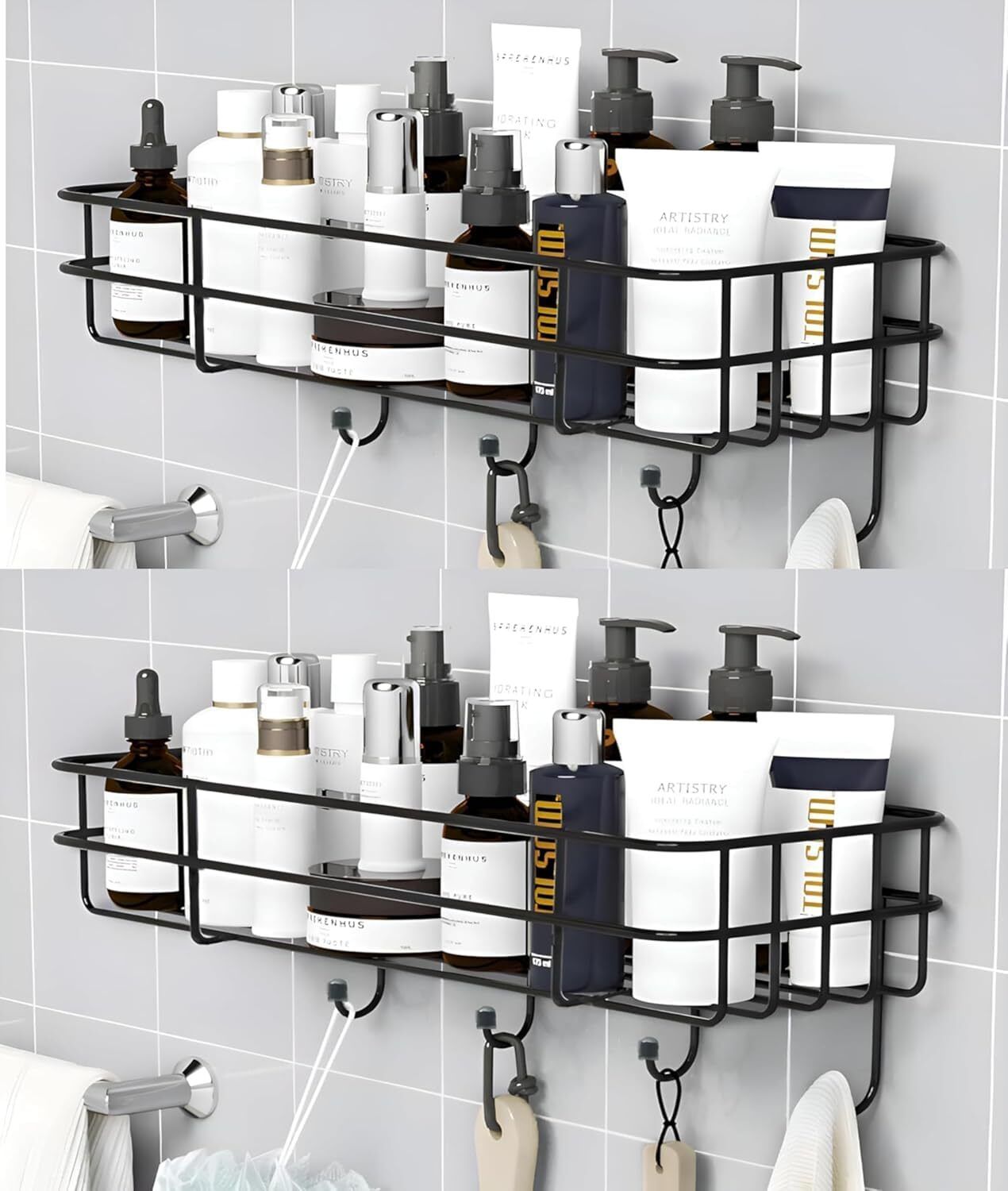 istar Black Wall-Mounted Shower Organizer Rack with Hanging Hooks for Bathroom Iron Wall Shelf-picture-42