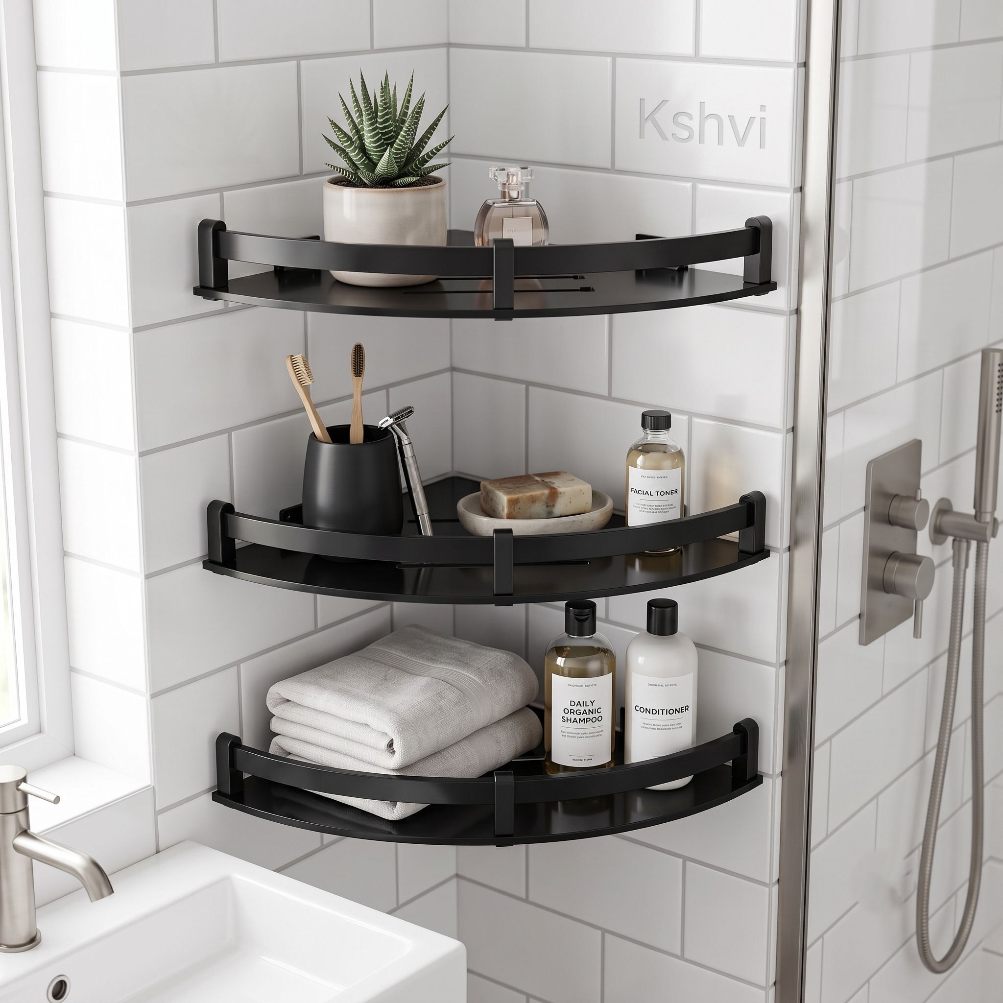 8*8 Premium 3 Tier Black Wall Mounted Bathroom Corner Shelf Acrylic, Aluminium Wall Shelf-image-3