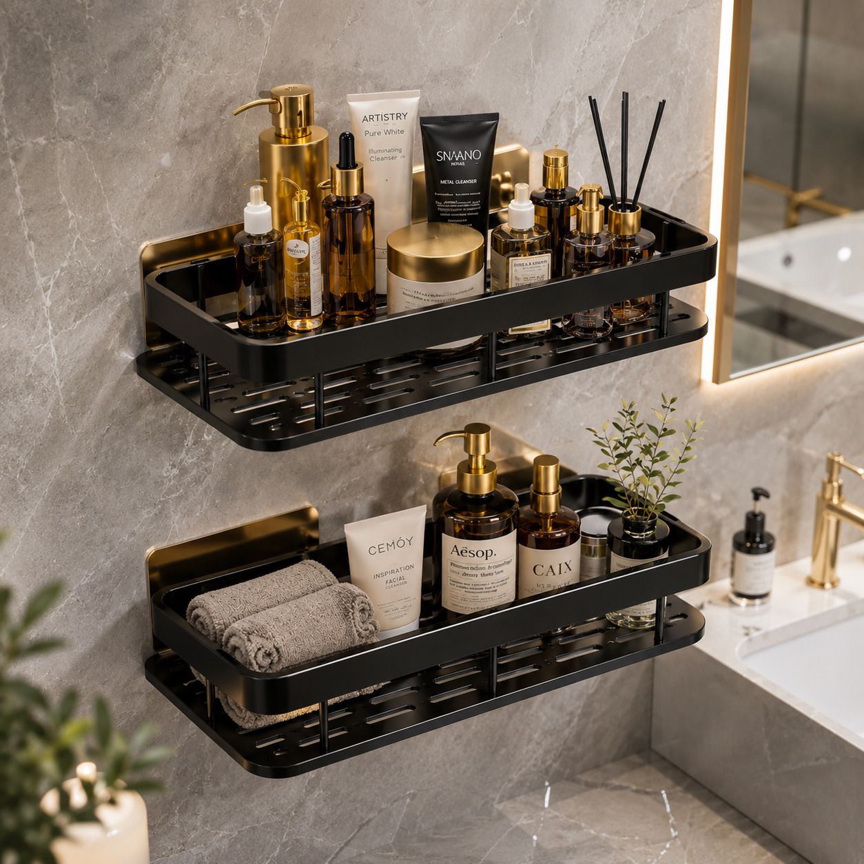 bathroom shelf organizer Plastic, Brass, Acrylic Wall Shelf-image-36