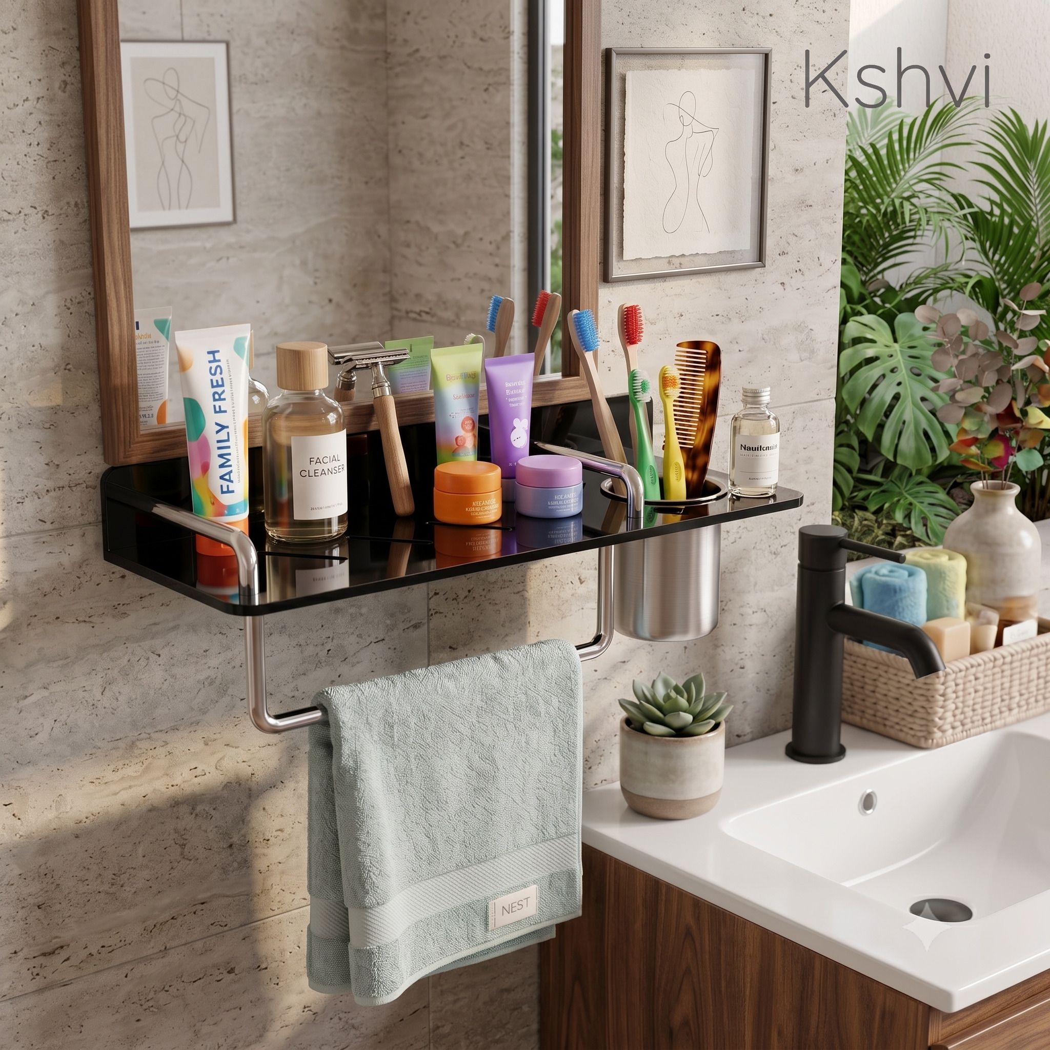 kshvi 15*5 Modern Black Multipurpose Acrylic 3 in 1 Bathroom Storage Shelf Acrylic, Stainless Steel Wall Shelf-picture-41
