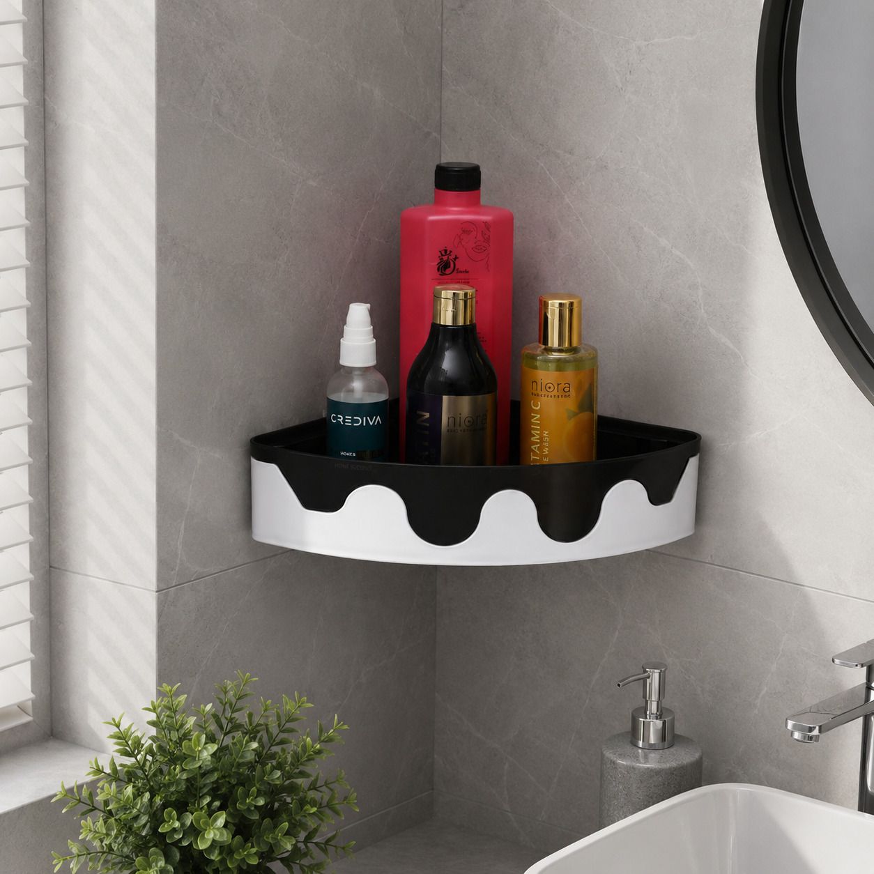 trinetra enterprise Premium Bathroom Corner Self Adhesive Bathroom Organizer Rack with Hooks Plastic Wall Shelf-picture-33