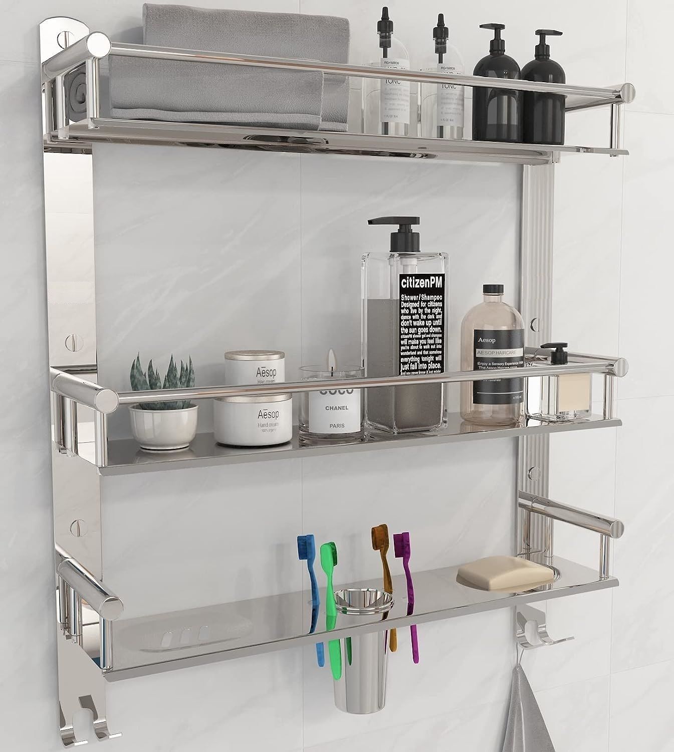 3 Layer SS Multi-use Rack with Double Soap dish And Tumbler Holder Stainless Steel Wall Shelf