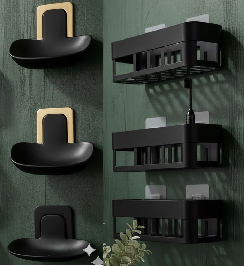 Bathroom Shelves 3 Pcs + Soap Stand 3 Pcs Plastic ( Shelves - 3,BLACK) Plastic Wall Shelf-image-16