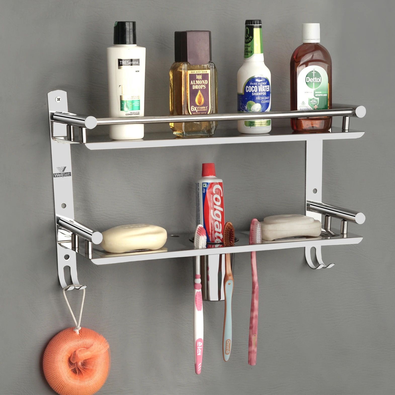 well set Multipurpose Bathroom & Double Dish&Tumbler&Soap&Tooth Brush Holder Stainless Steel Wall Shelf-picture-22