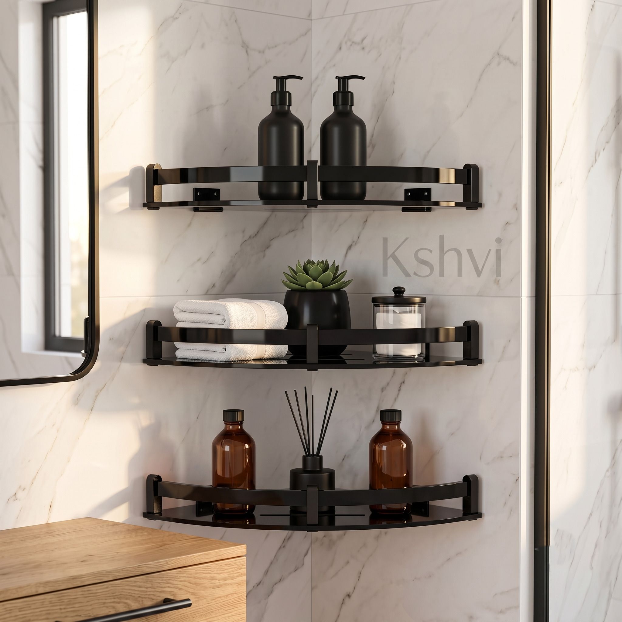kshvi 10*10 Premium 3Tier Glossy Black Wall Mounted Bathroom Corner Shelf Acrylic, Aluminium Wall Shelf-picture-18
