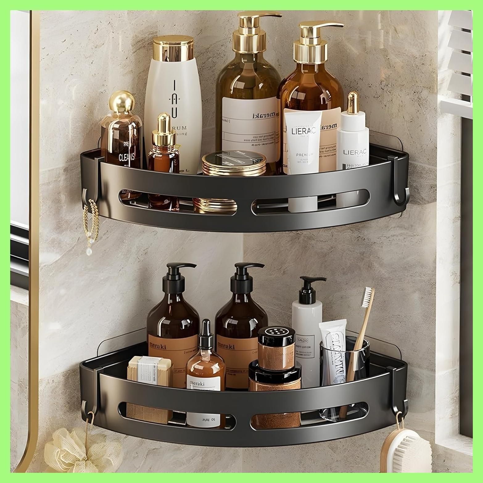 2 Pc Plastic Bathroom Stand Self Adhesive Heavy Duty Black Plastic Wall Shelf-image-0