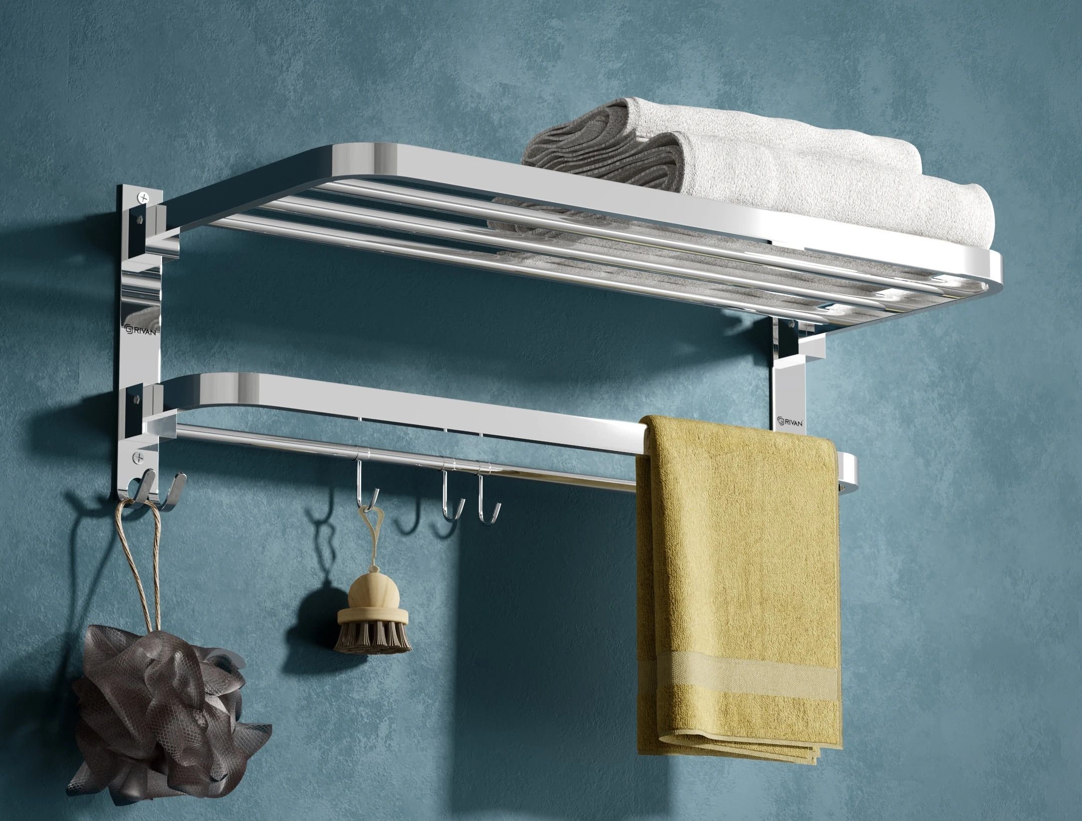 Premium Foldable Bathroom Towel Stand/Rod/Holder With Hooks And Hanger Stainless Steel Wall Shelf