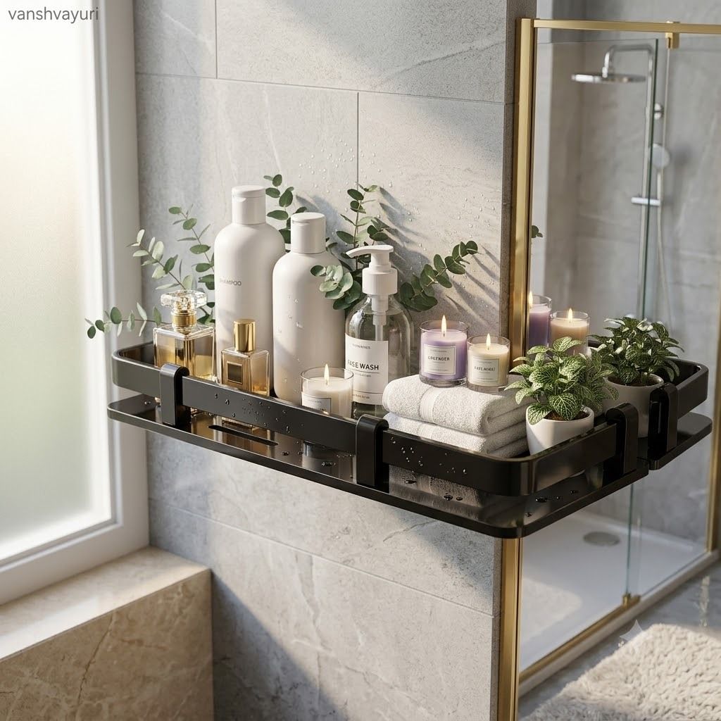 vanshvayuri Premium 15*5 Most Black Wall Mounted Bathroom Shelf | Rustproof Organizer Acrylic, Aluminium Wall Shelf-picture-27