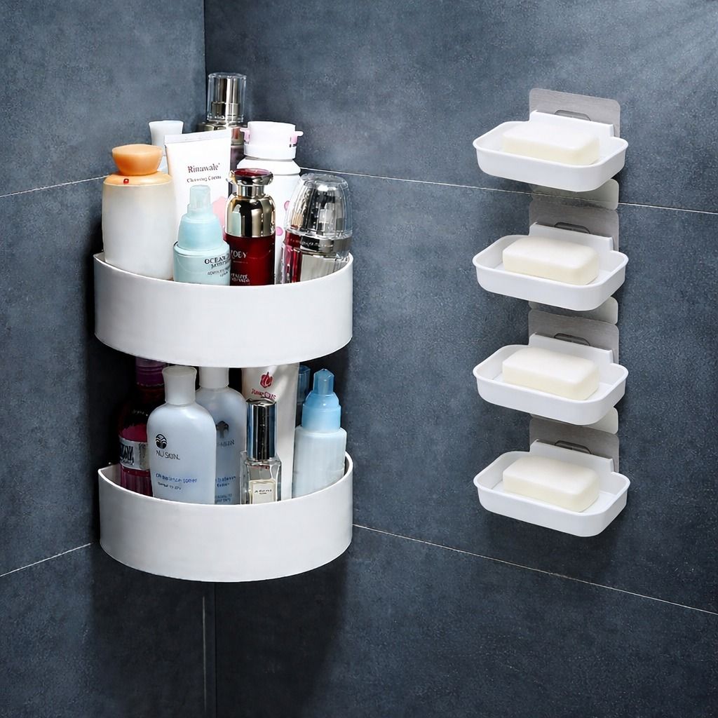 PACK OF 6 CORNER RACK SHELF SHELVES ORGANISER+ SOAP DISH HOLDER WHITE Plastic Wall Shelf-image-23