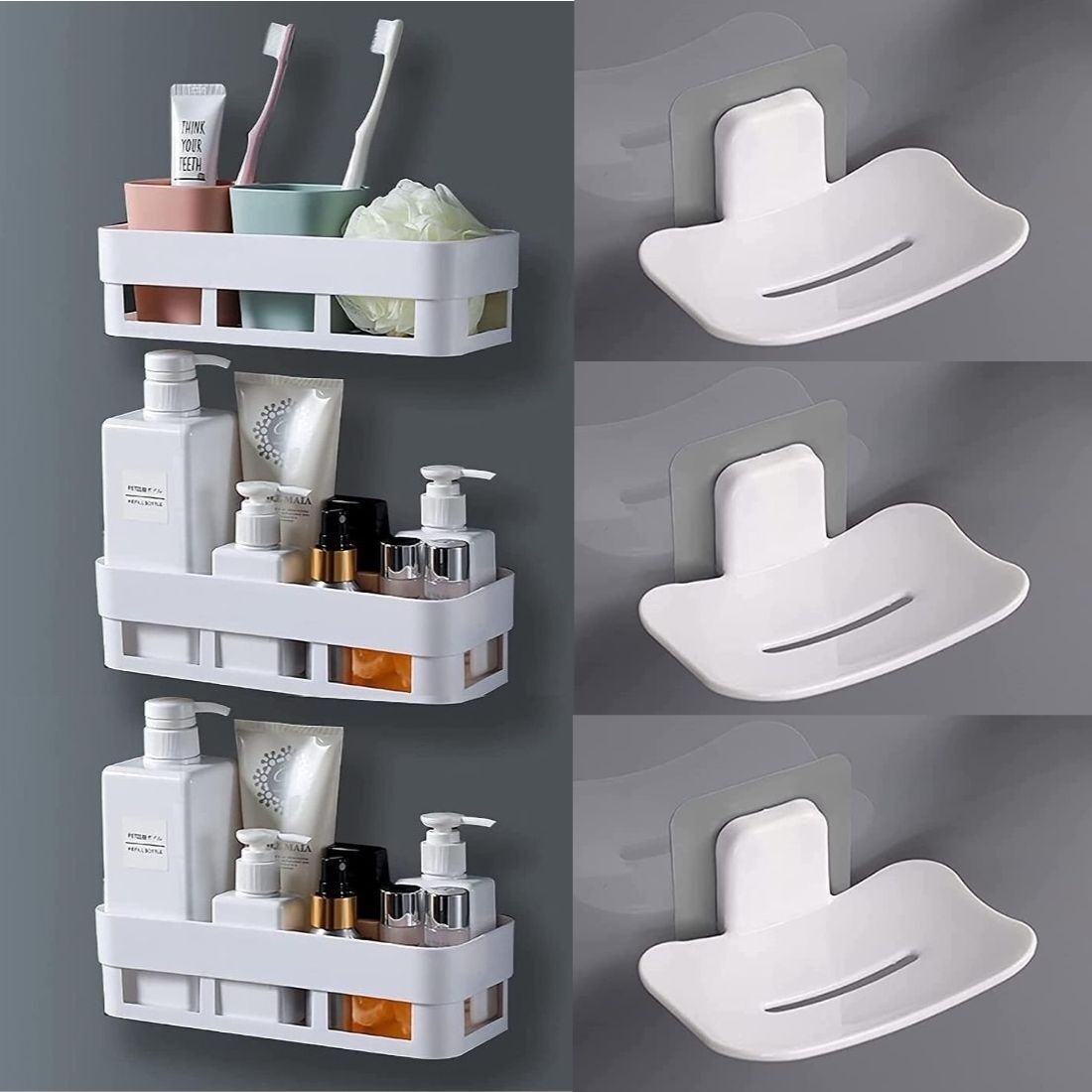 Cup Kitchen Rack White Bathroom Shelves 3 Pcs + Soap Stand 3 Pcs Multipurpose and Rack for Home Plastic