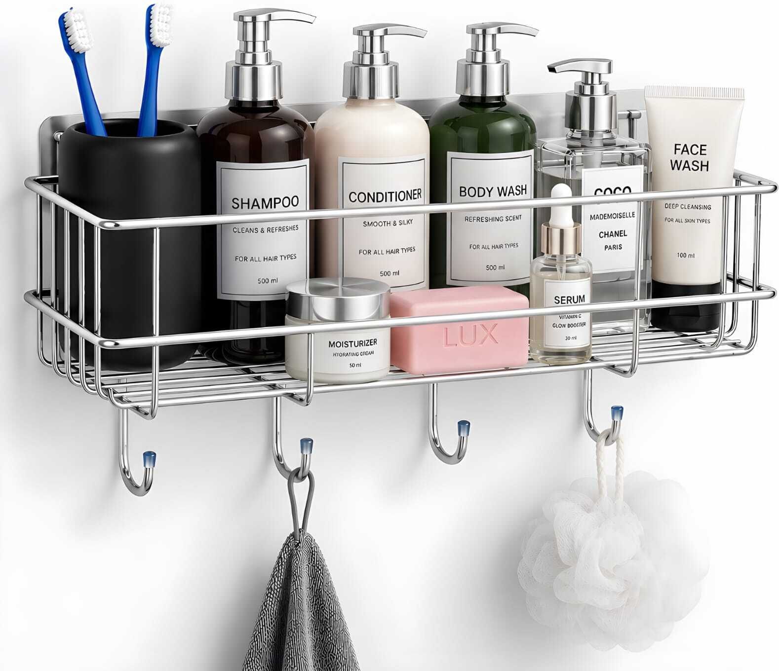 Steel Self Adhesive Rack for Bathroom & Kitchen, Rust Proof Shower Caddy Stainless Steel Wall Shelf-image-17