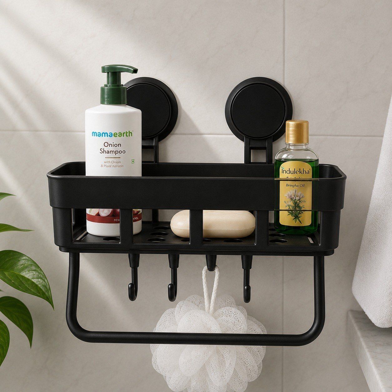 khodiyarebizz Suction Bathroom Shelf with Hooks & Towel Bar Wall Organizer Rack Black Holder Plastic Wall Shelf-picture-29