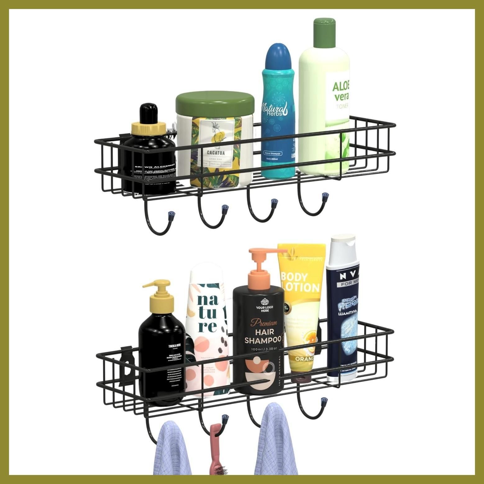 2 Pc Metal Waterproof Bathroom Organizer Water Resistant Space Saving Black Iron Wall Shelf-image-1