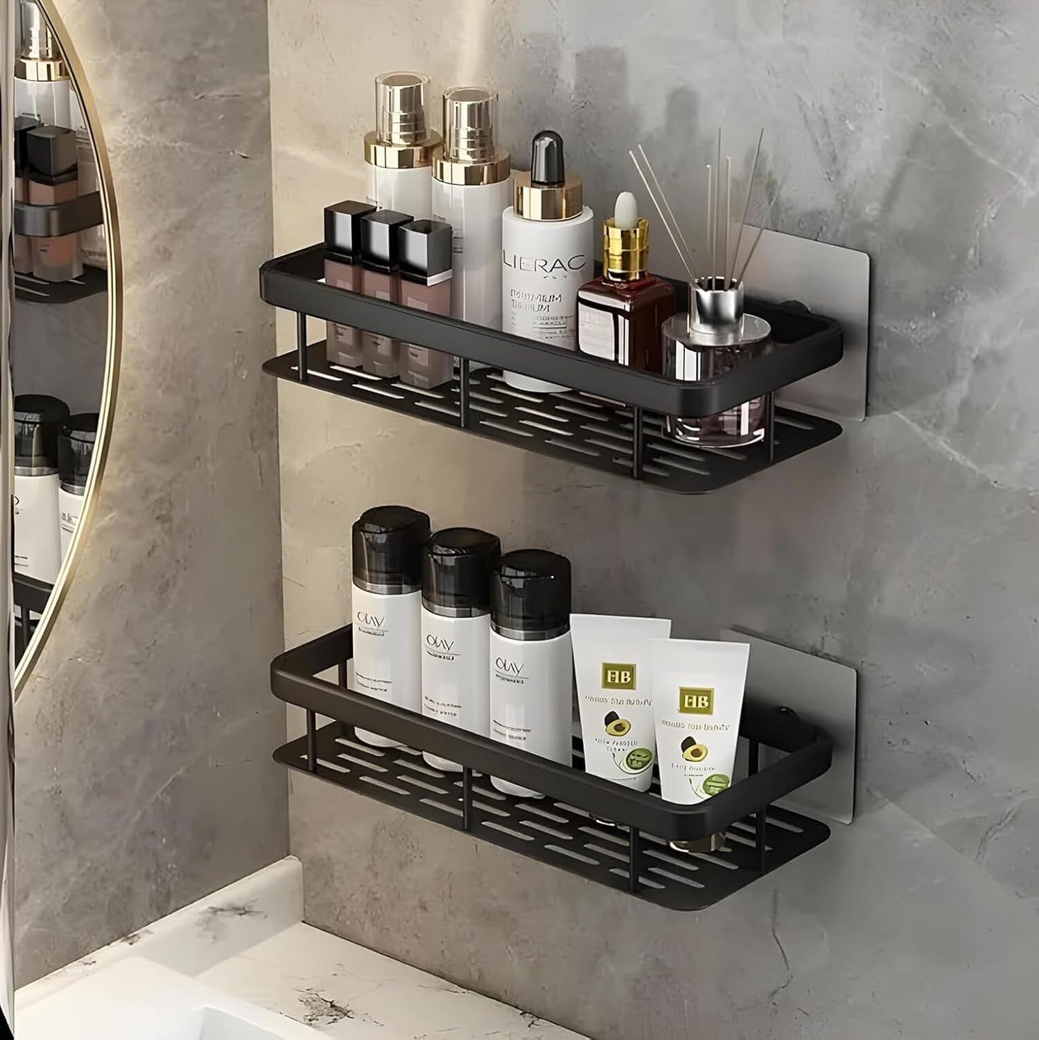 ABS Self Adhesive Bathroom Shelf Rack Wall Mount Shampoo Organizer Pack of 2 Plastic Wall Shelf-image-42