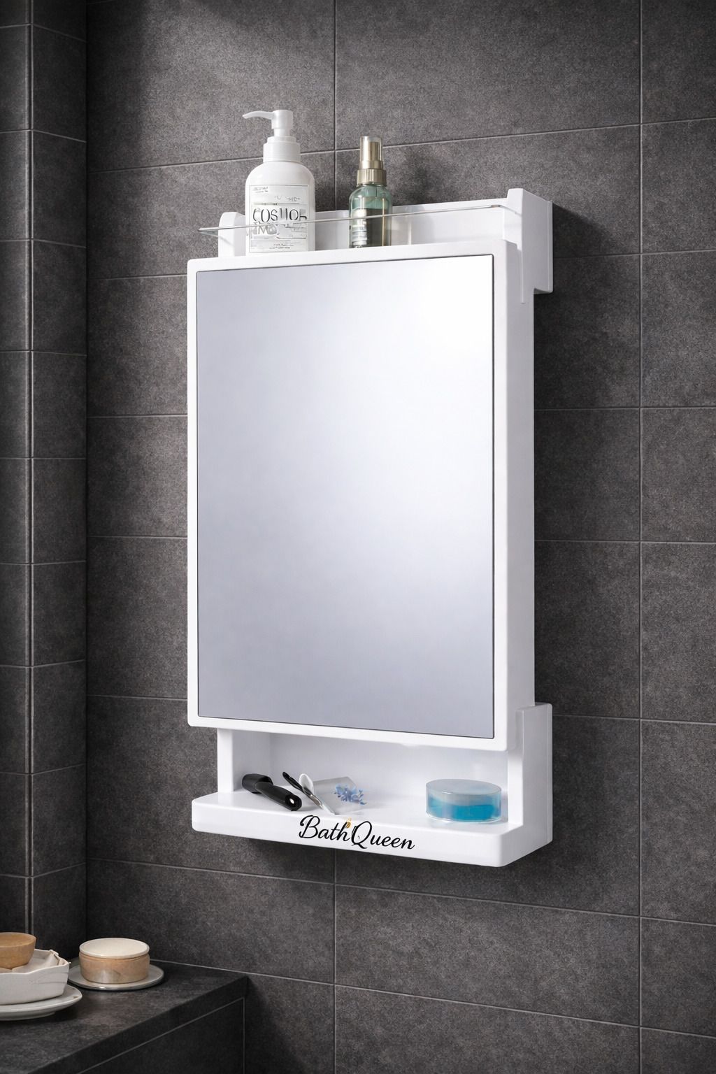 Bathroom Cabinet with Mirror - White Plastic Wall Shelf-image-48