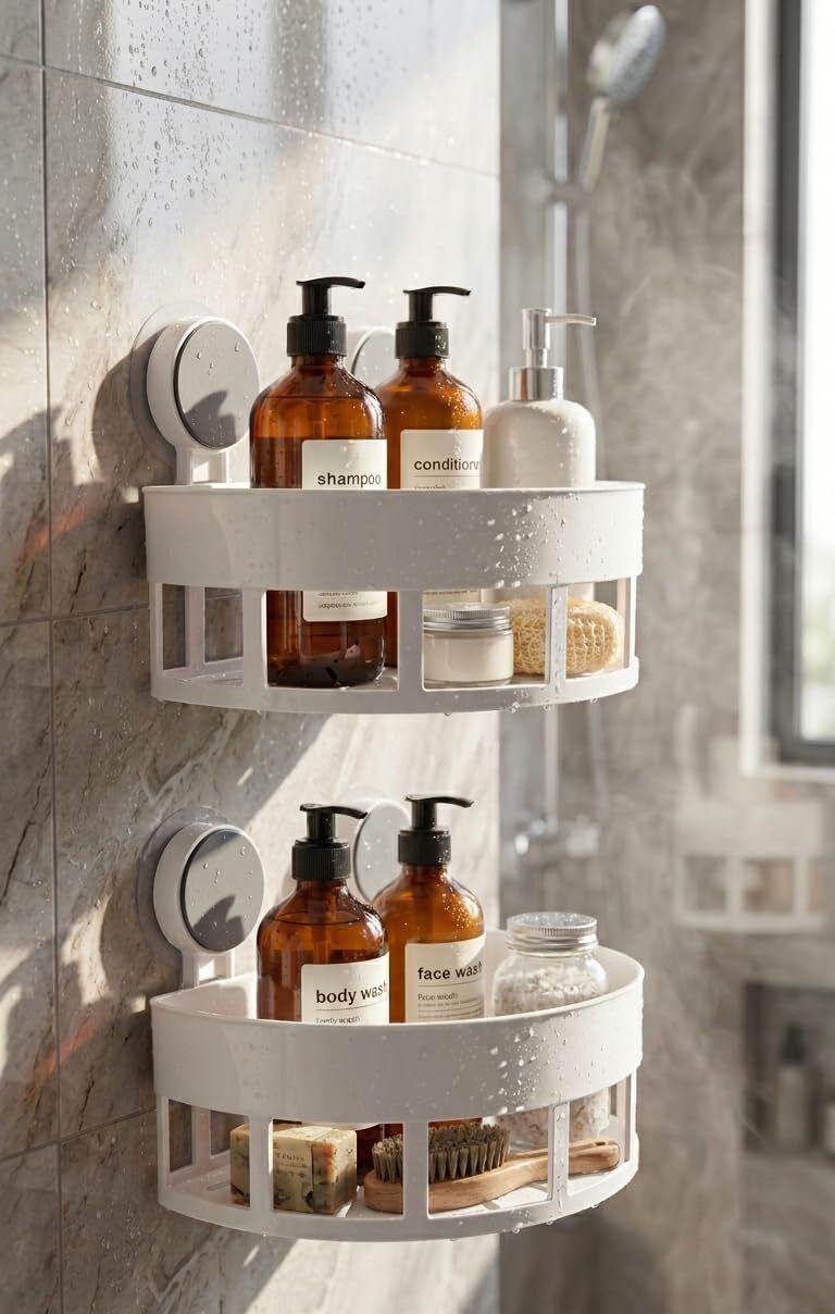 hvk Round Plastic Bathroom Corner Shelf Self Adhesive Waterproof Storage Rack Stand Plastic Wall Shelf-picture-28