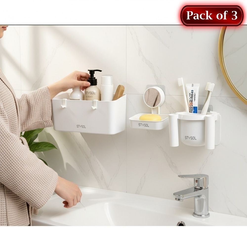 stysol 3 Pcs Toothbrush Holder | Soap Holder For Bathroom| Wall Stick Plastic Wall Shelf-picture-0