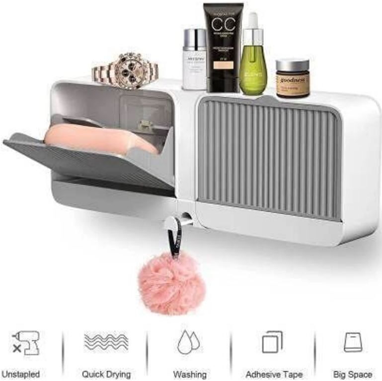granthtextiles Bathroom Shelf and Soap Rack Double Bar Soap Dish with Drainage Box Plastic Wall Shelf-picture-20