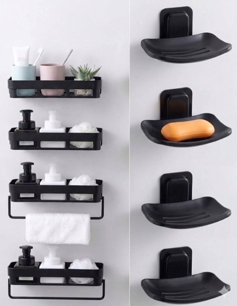 10 PCS 4 BATHROOM SHELF SHELVES + 4 SOAP CASE +2 TOWEL HANGER IN BLACK Plastic Wall Shelf-image-7