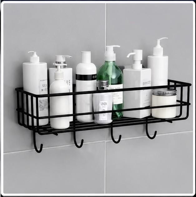 homiffy Generic Wall Mounted Metal Bathroom Shelf with 4 Hooks. (Pack of 1) Iron Wall Shelf-picture-25