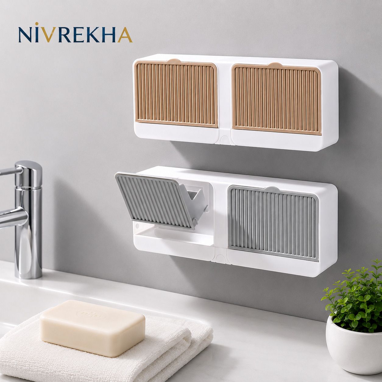 nivrekha New Wall Mounted Soap Box with Lid Double Grids Soap Draining Rack Bathroom Plastic Wall Shelf-picture-21