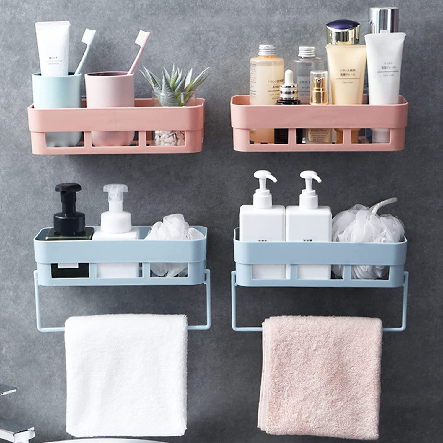 Without Drilling Bathroom Organizer (4 Shelf+2 Towel Hanger) Plastic Wall Shelf-image-41
