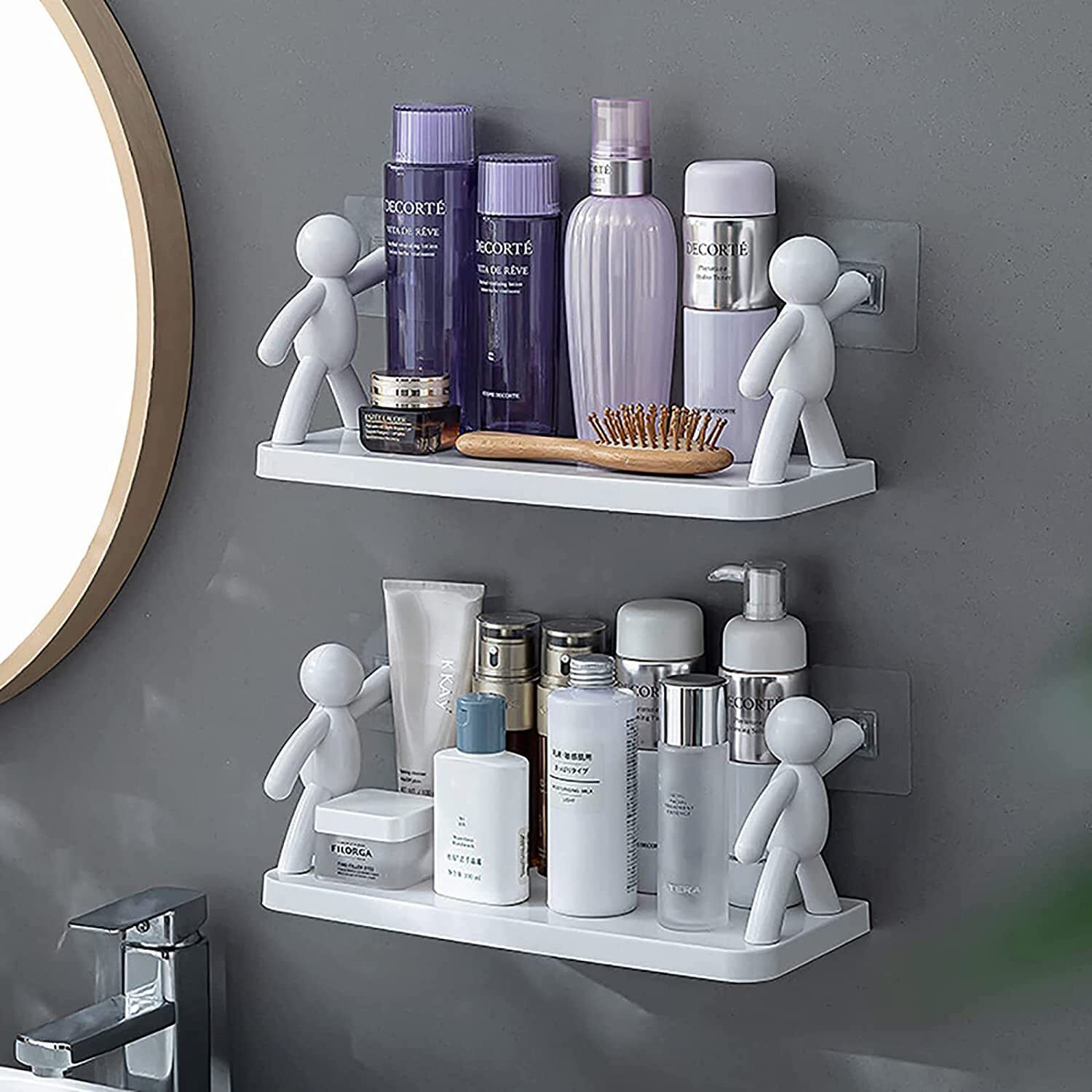 2 Pack Wall Mounted Plastic Bathroom Buddy Shelf with Self Adhesive Stickers Plastic Wall Shelf-image-31
