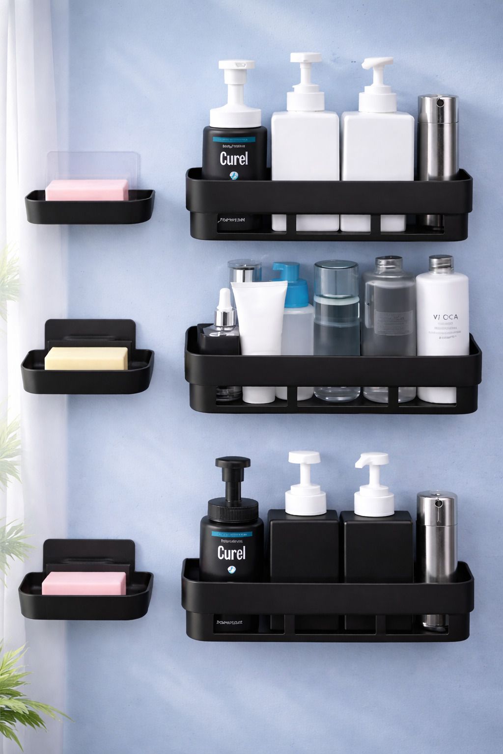 pack of 6 black bathroom shelves shelf wall + soap dish holder Plastic Wall Shelf-image-26
