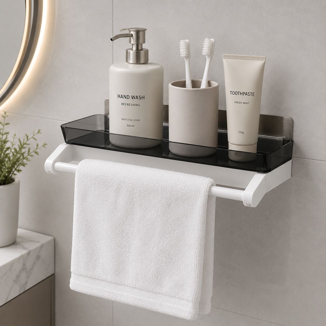 eskia Wall Shelf Rack No Drilling Bathroom Storage Shelf with Towel Bar Rack Plastic Wall Shelf-picture-0