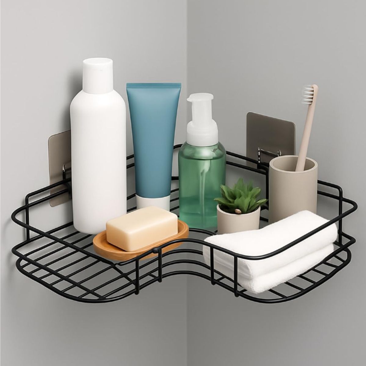 ALMORA Sticker Mounted 2-Tier Iron Bathroom Corner Shelf Rack Organizer Iron Wall Shelf-image-10