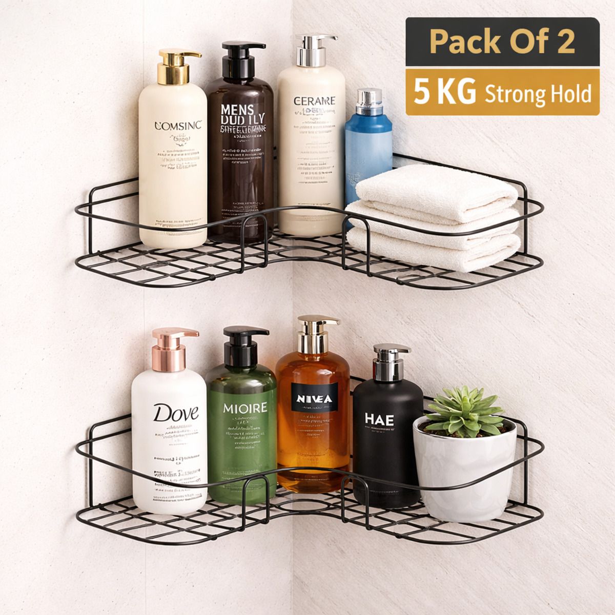 ALMORA Bathroom Corner Rack Shelf Storage Metal Pack of 2 Iron Wall Shelf-image-11
