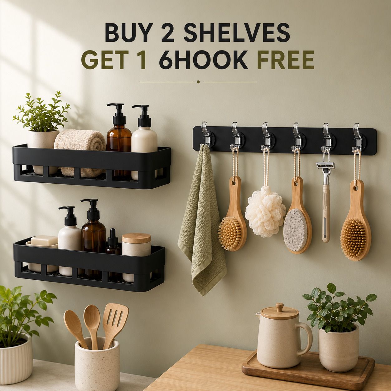 Bathroom Wall Storage Shelf and 6 Hook Rail Organizer Pack of 3 Plastic Wall Shelf-image-1