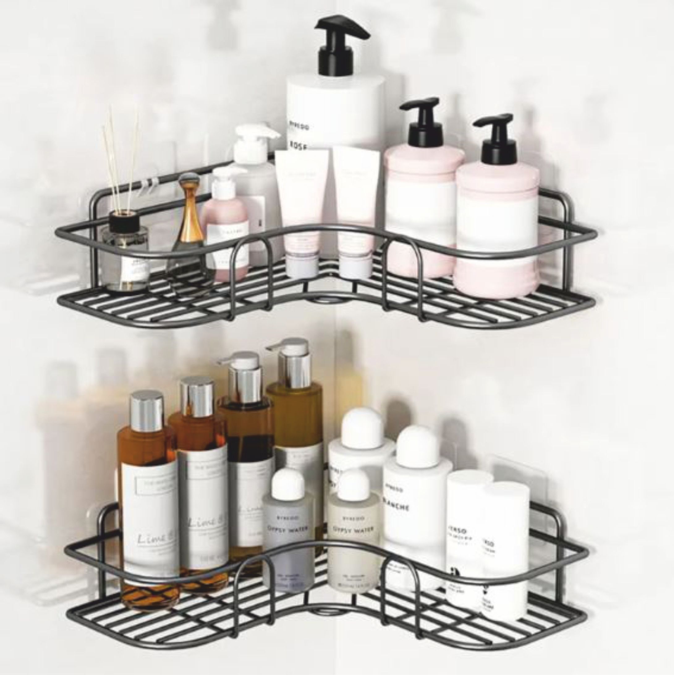 ALMORA Wall Mounted Self Adhesive Bathroom Corner Shelf Rack Organizer- Black Iron Wall Shelf-image-12