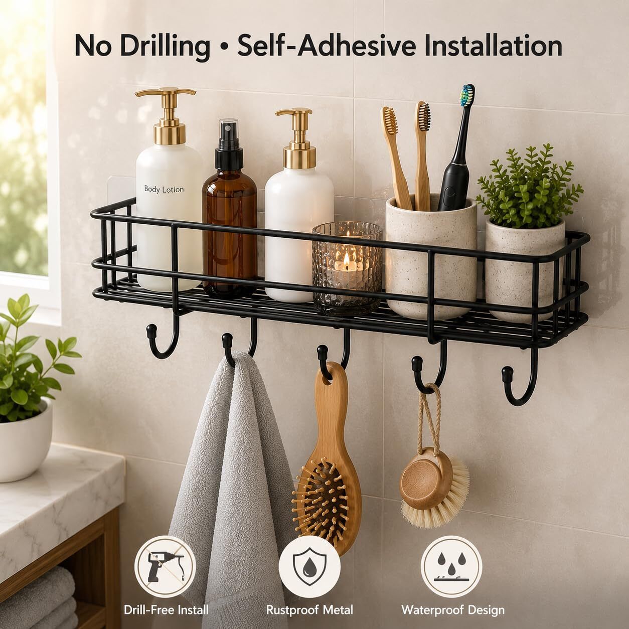 m y Self Adhesive Bathroom Shelf with 4 Hooks| Wall Mounted Organiser for Shampoo Iron Wall Shelf-picture-17