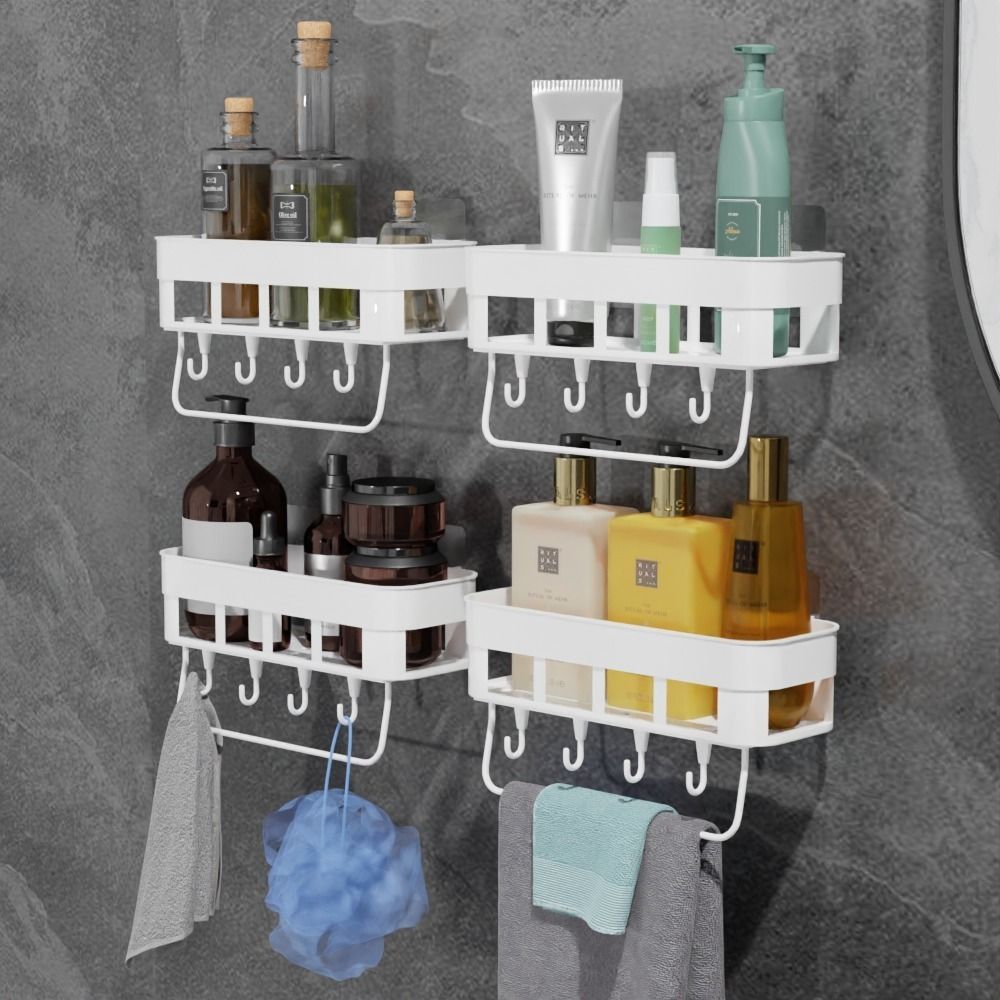 Multipurpose Wall Mount Bath Shelf with Towel Hanger & Rozar Hooks for Kitchen Plastic Wall Shelf-image-48